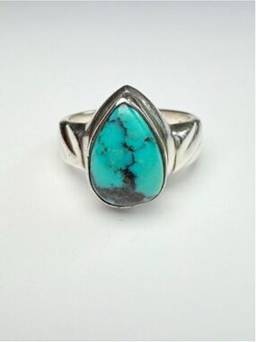 Southwestern Turquoise Tear Drop 925 Sterling Silver Cable Vintage Ring